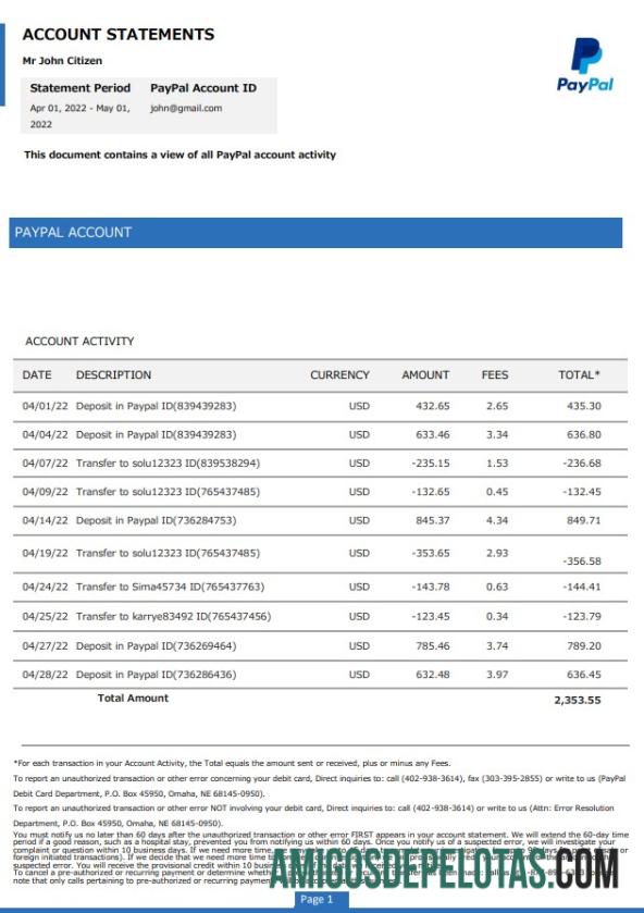 Modelo de extrato de conta PayPal dos EUA